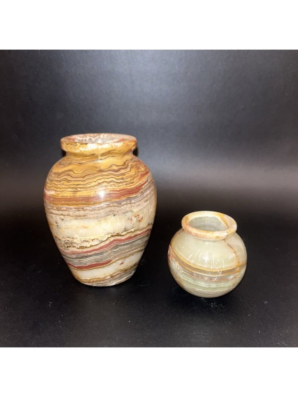 Vintage Bud Vase Hand Carved Polished Natural Stone Earth Tones Set of Two 4-6"